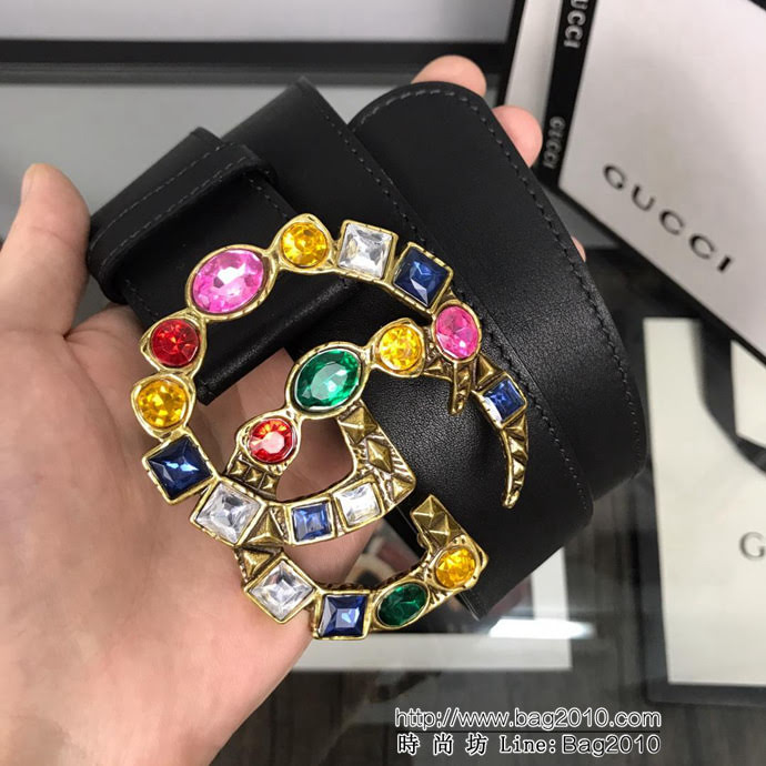 GUCCI古馳 官網新款 正品規格 原單品質 雙面進口頭層對版定制皮料 彩色寶石復古金GG扣 時尚百搭款皮帶  xfp1319